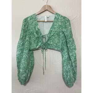 Jonathan Simkhai Adelaide Green Long Sleeve Tie Front V-Neck Crop Top Size XS